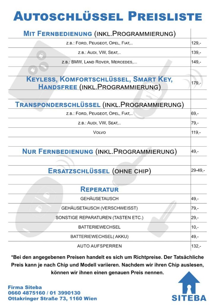 Autoschlüssel Preisliste bei Siteba Schlüsseldienst